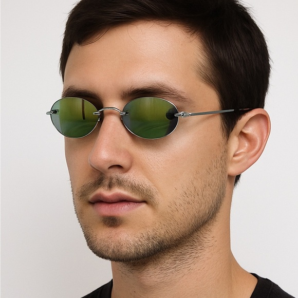 Vintage Y2K Rimless Round Mirrored Sunglasses | Green-Gold Iridescent Lenses - Picture 9 of 10